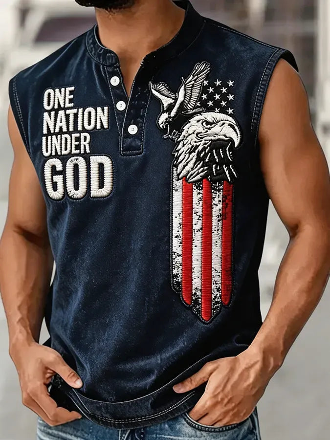 Men's One Nation Under God Bald Eagle USA Flag Embroidered Sleeveless Top